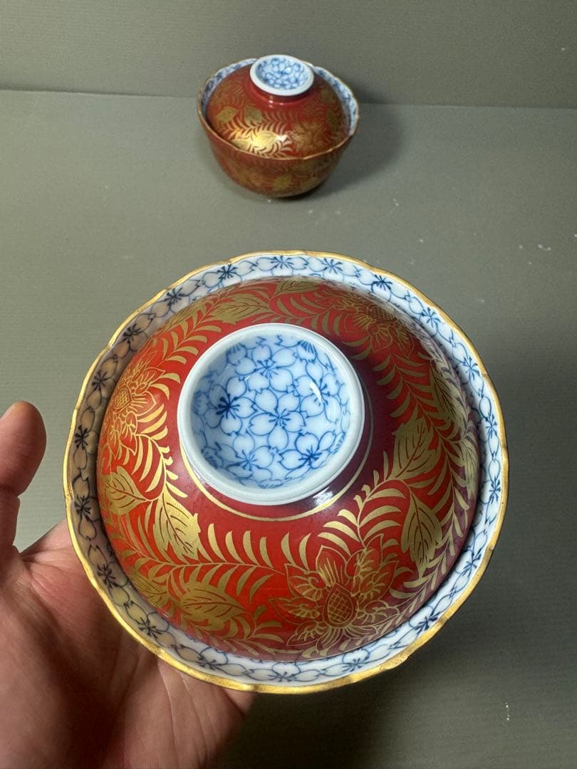 2569  呉福　金襴手　蓋付碗　2客　未使用