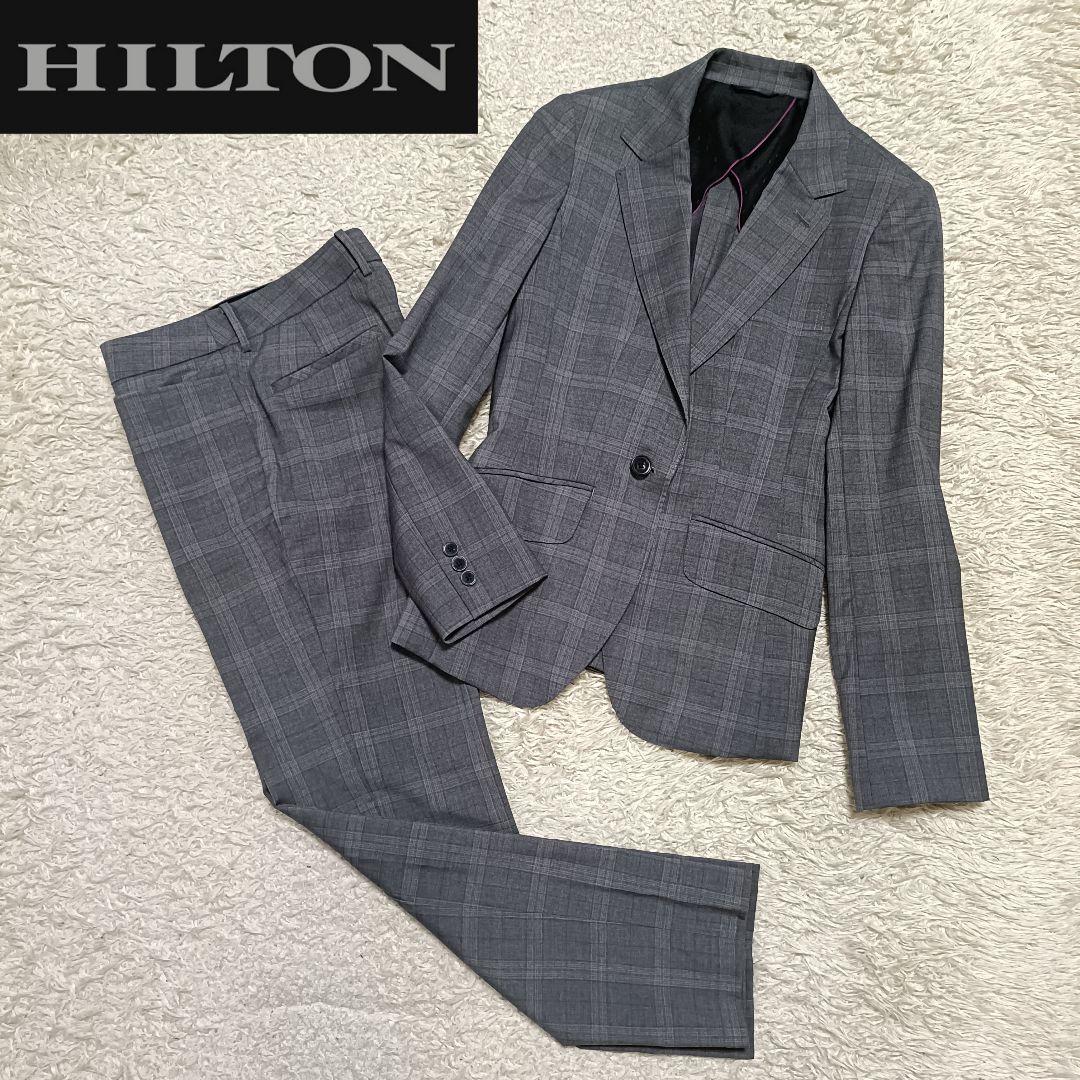 美品＊HILTON ヒルトン チェック パンツスーツ ストレッチ イタリア製生地