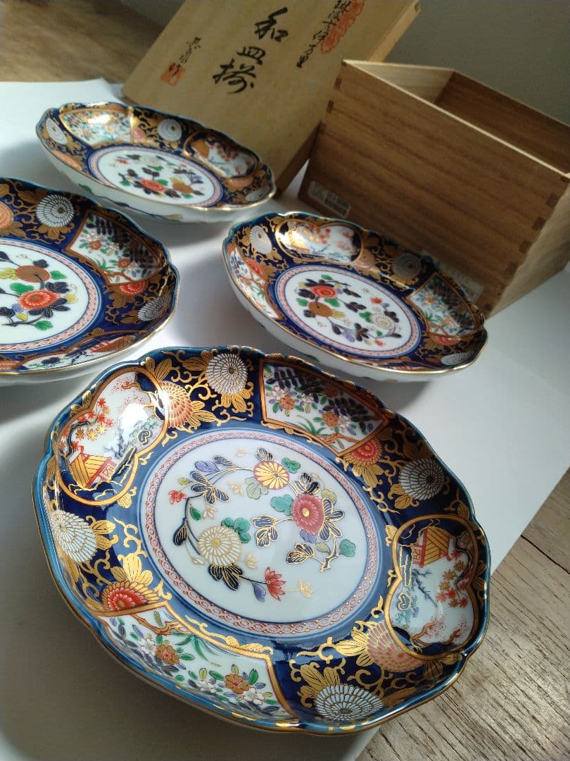 有田焼 其泉作 琳派古伊万里 和皿揃 5客 木箱 金彩 豪華 プレート 手描き