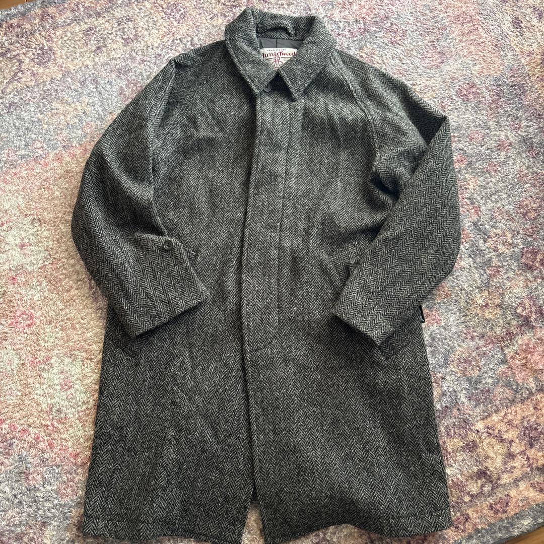 ビームスプラス ハリスツイード ヘリンボーン 比翼バルカラーコート Sサイズ