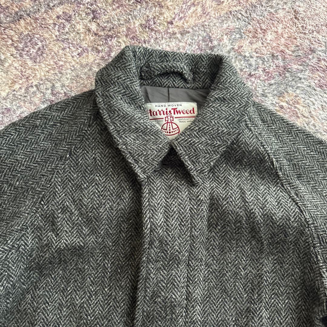 ビームスプラス ハリスツイード ヘリンボーン 比翼バルカラーコート Sサイズ