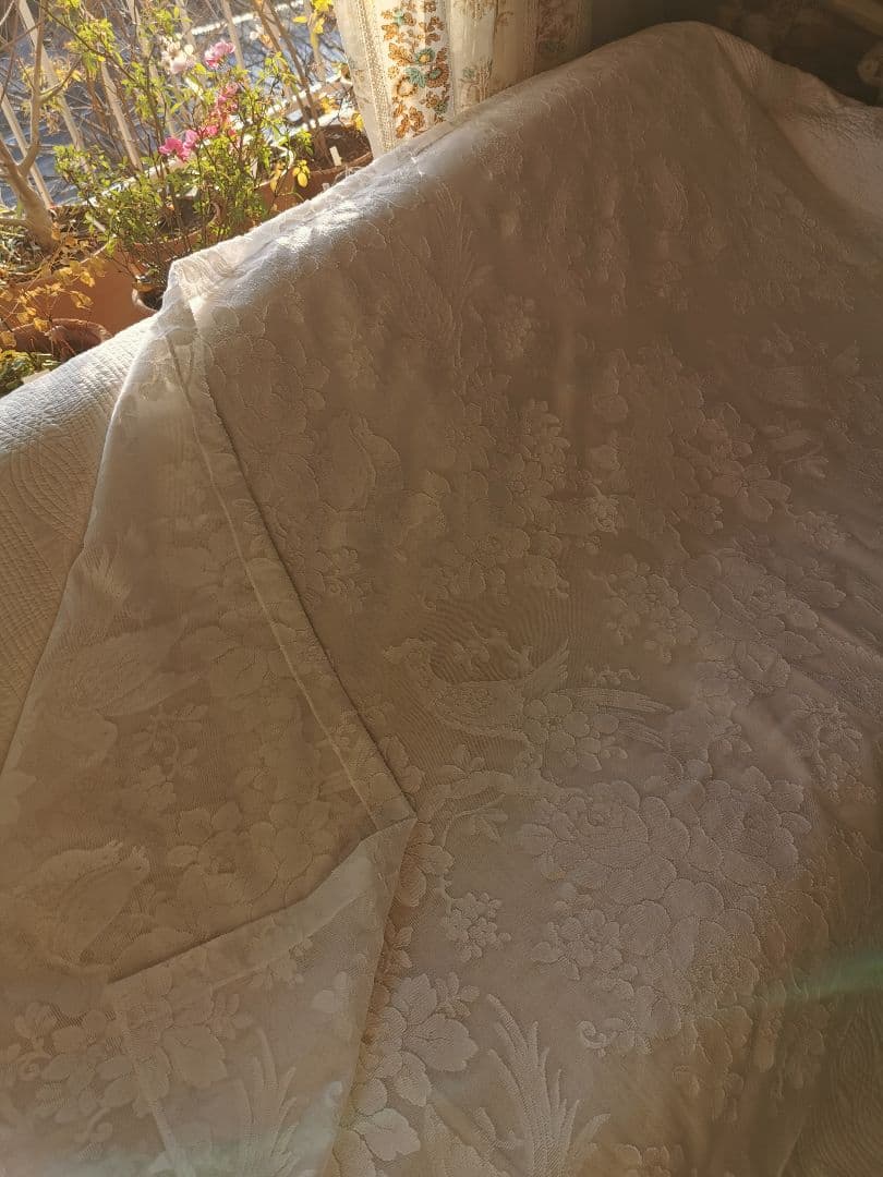 アンティーク ノッティンガムマドラスレース 餌やり鳥の親子 薔薇紋カーテンパネル