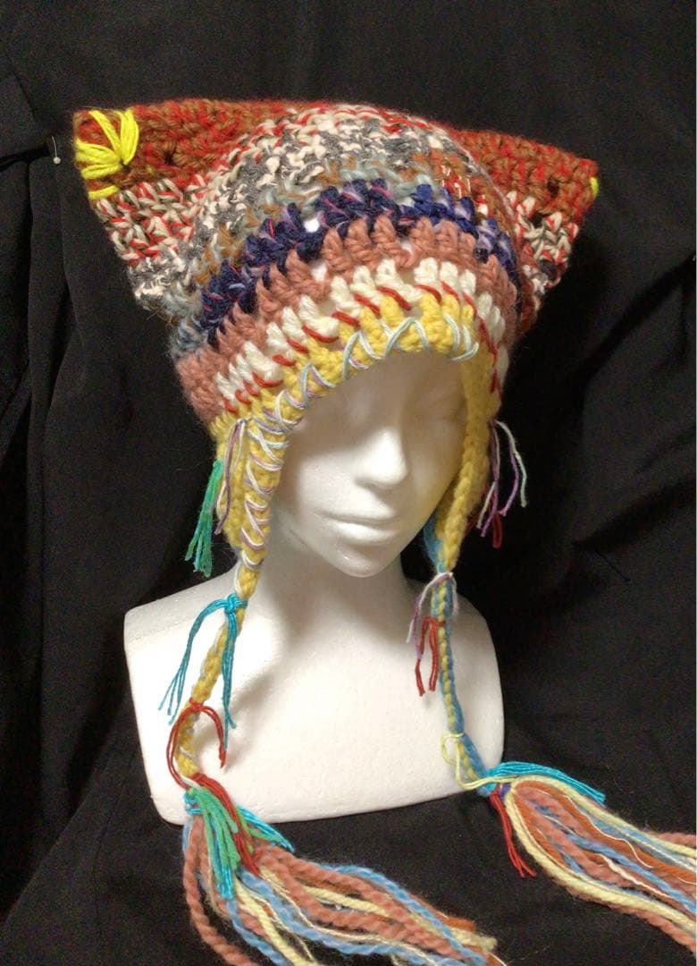 手作り猫耳　耳当てニット帽　イタリー製糸　野呂英作糸　茶　黄色他