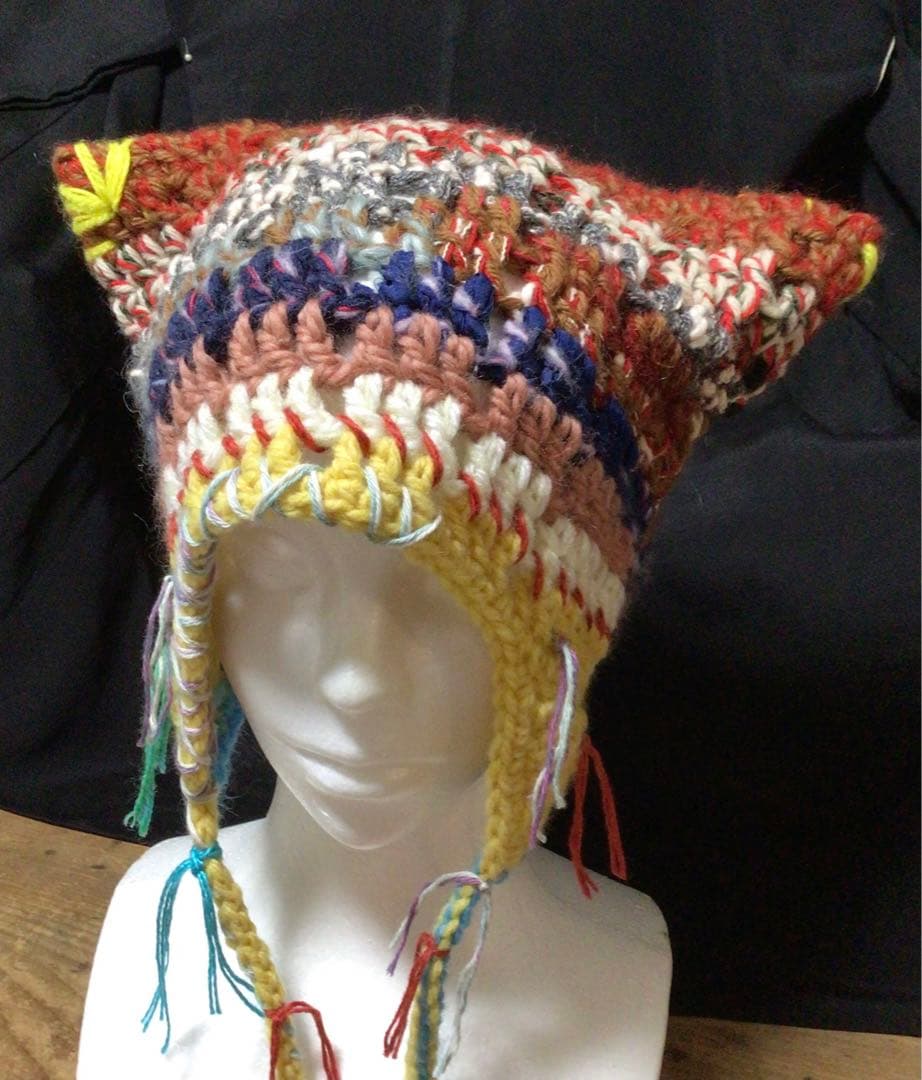 手作り猫耳　耳当てニット帽　イタリー製糸　野呂英作糸　茶　黄色他