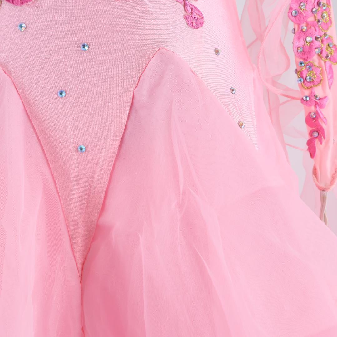 【社交ダンス衣装】ピンク 豪華フリル ワンピース ドレス ラインストーン 花柄