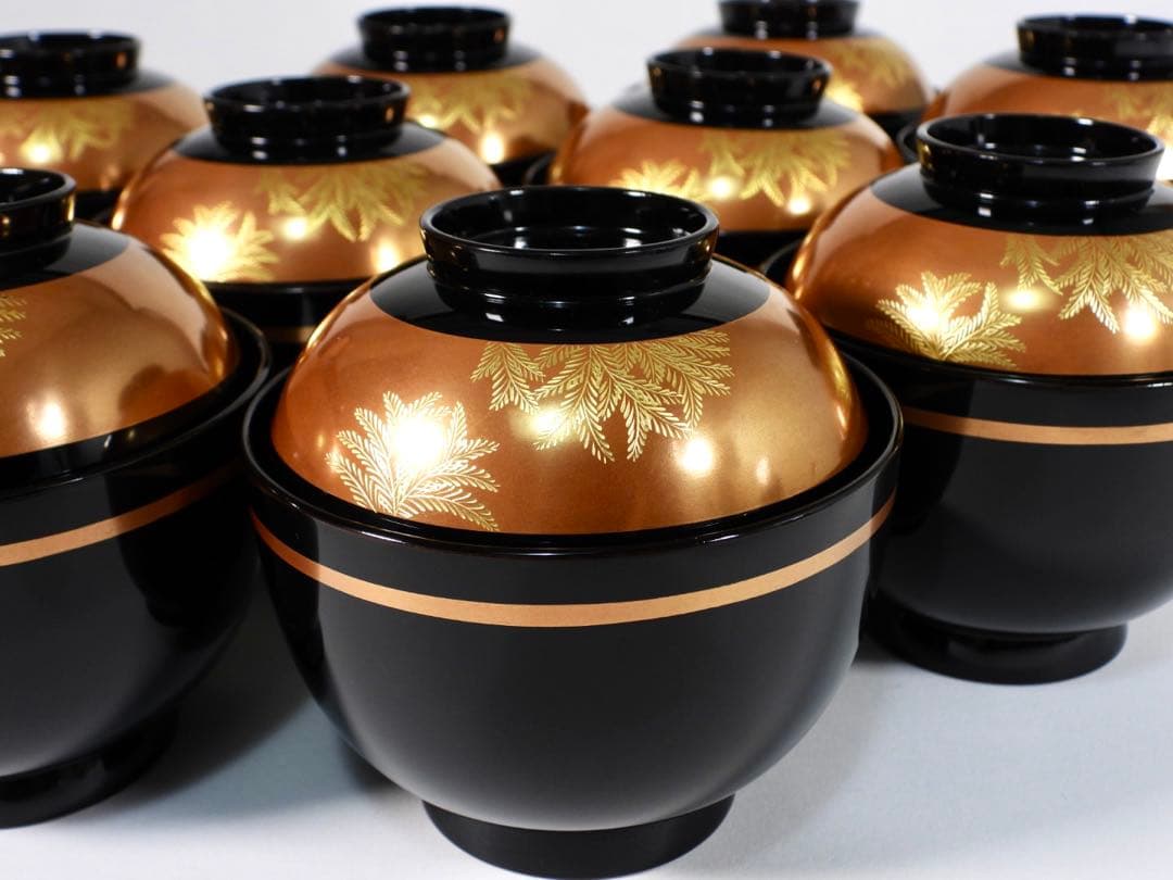 【美品】輪島塗 木製漆器 沈金 蓋椀 吸物椀 汁椀 10客