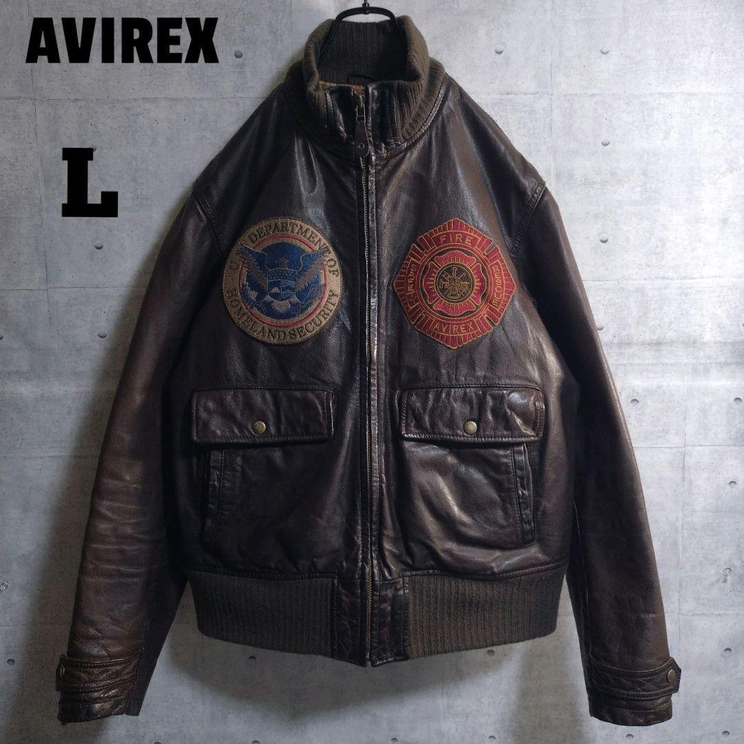 AVIREX★牛革 リアルレザー バックプリント レザージャケット 茶 L
