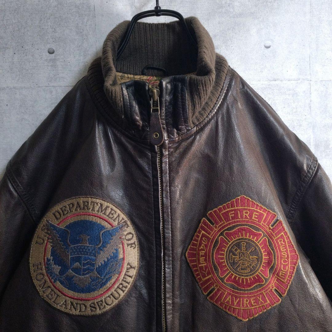 AVIREX★牛革 リアルレザー バックプリント レザージャケット 茶 L