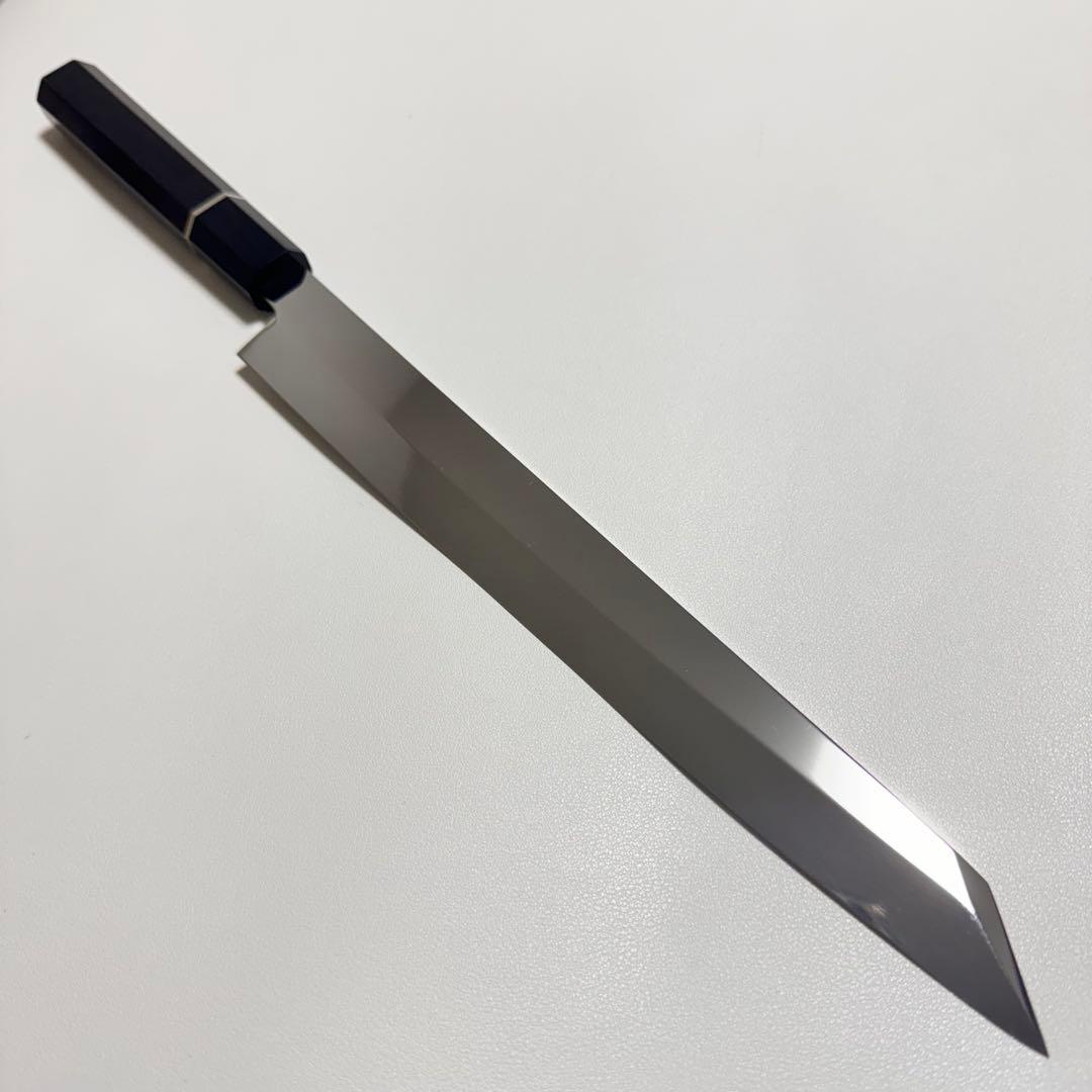 270mm 切付柳刃包丁 鏡面　黒檀黒水牛八角柄 刺身包丁 【全鋼】