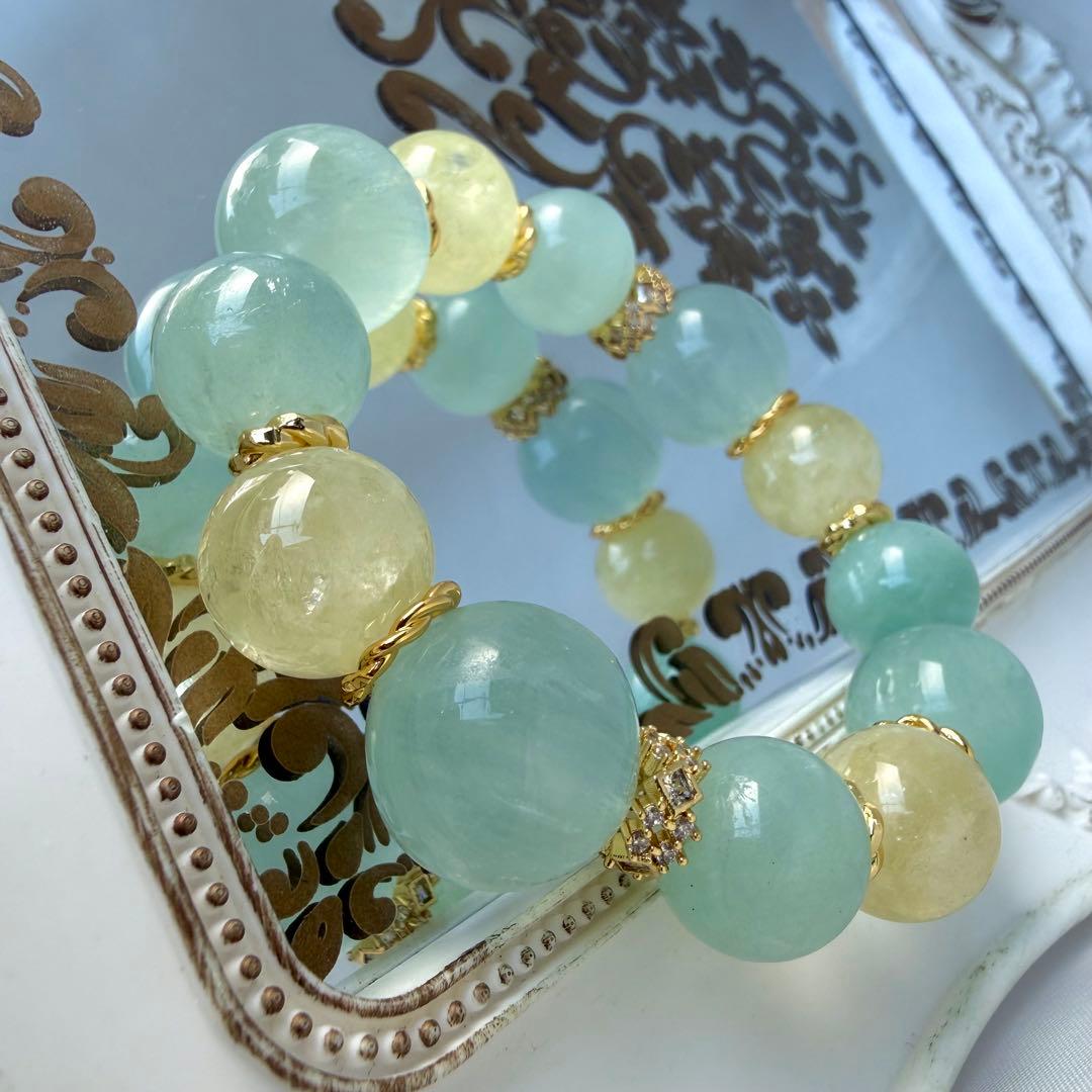 パライバカラーアクアマリン×レモンクォーツ×フローライト✨️ブレスレット✨️