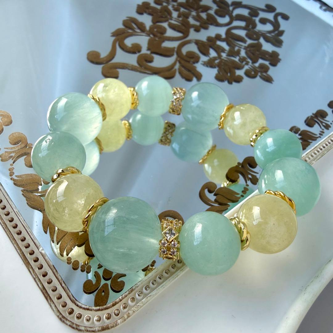 パライバカラーアクアマリン×レモンクォーツ×フローライト✨️ブレスレット✨️