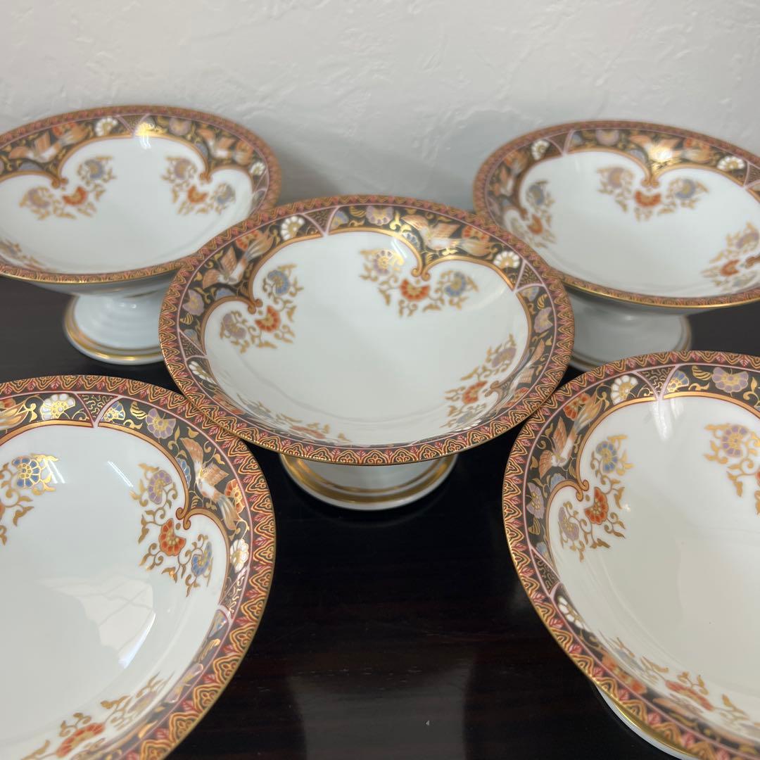 其泉窯 錦黒外濃金海松鳳凰文 明治伊万里 高台皿５枚セット