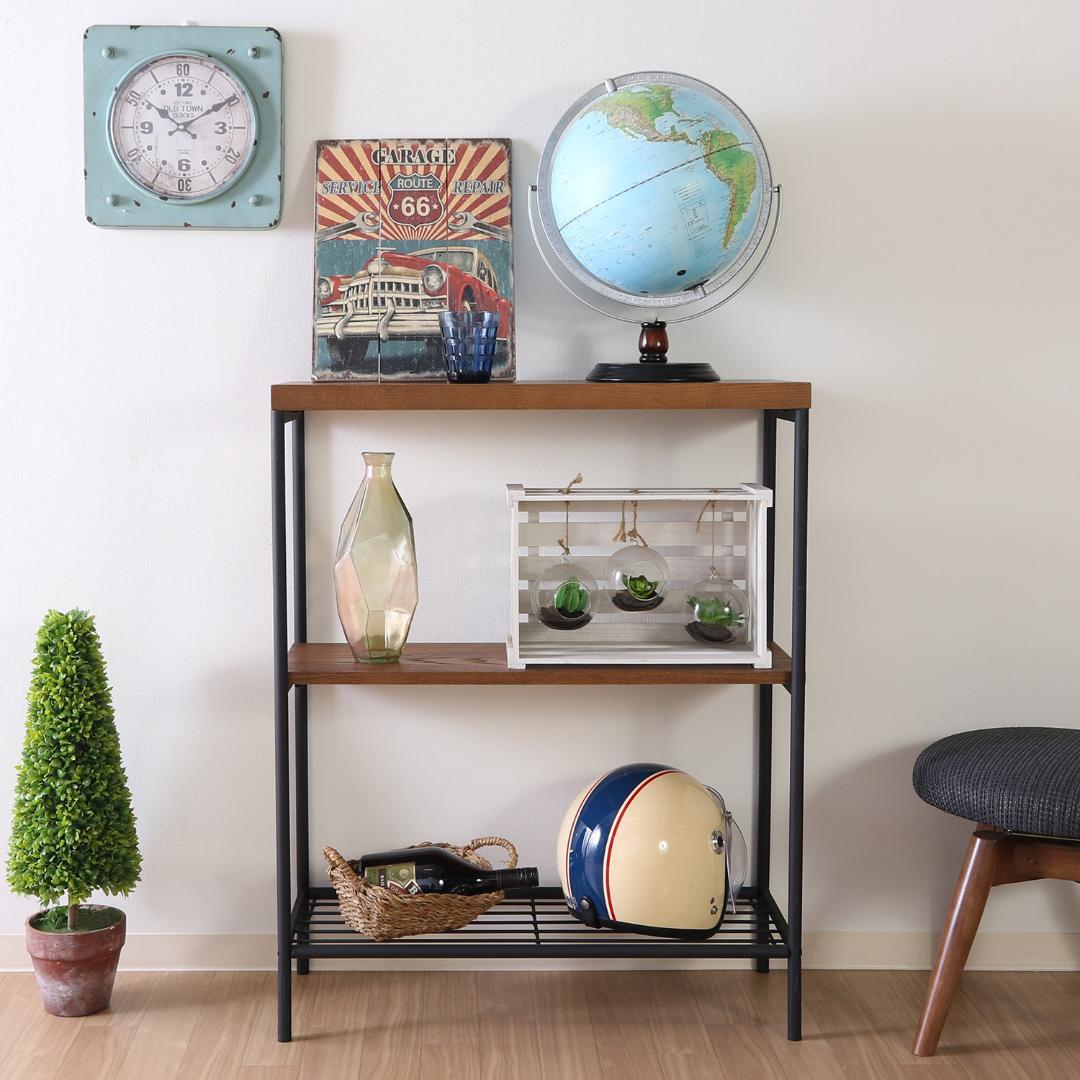 3段シェルフ ブラックアイアン×天然木 スタイリッシュ