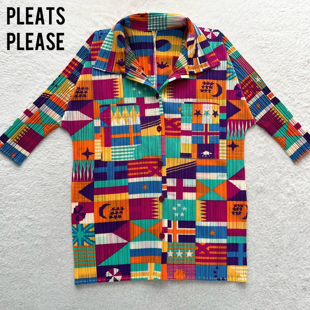 極美品✨ PLEATS PLEASE イッセイミヤケ シャツ 総柄 国旗
