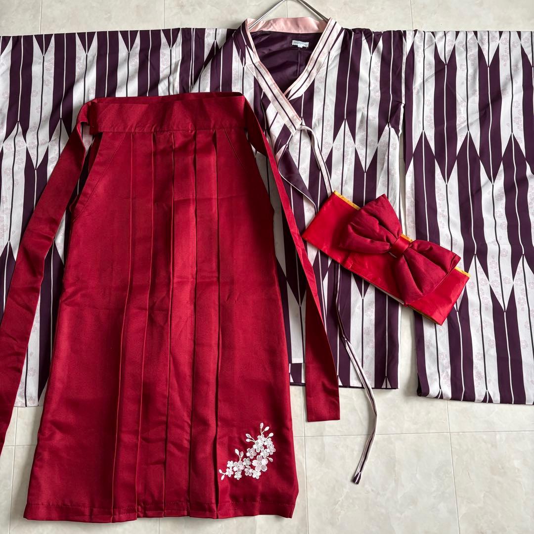 美品✨ キャサリンコテージ 簡単袴セット 矢絣柄 紫×赤 160 刺繍 卒業式