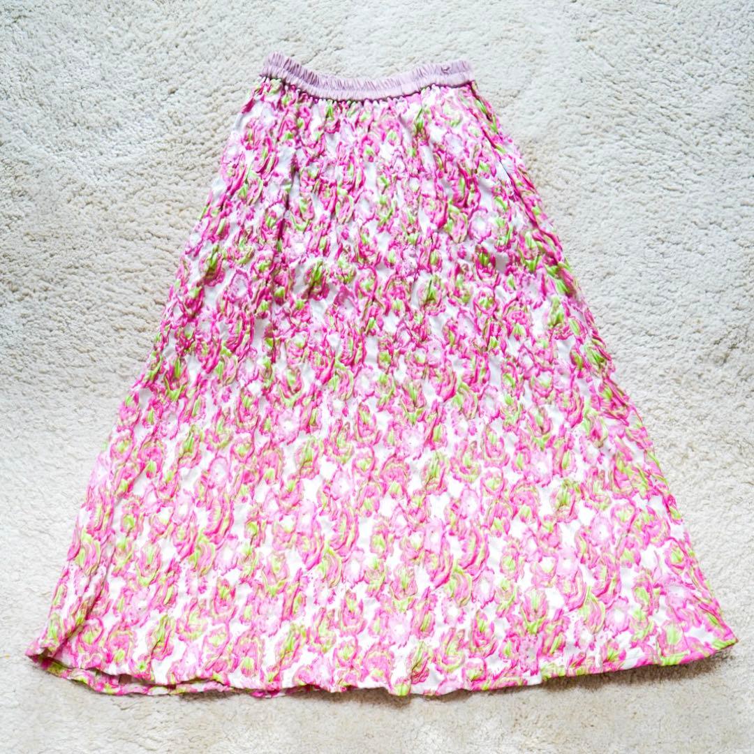 【美品】オブリ OBLI ジャガード 花柄スカート ピンク グリーン