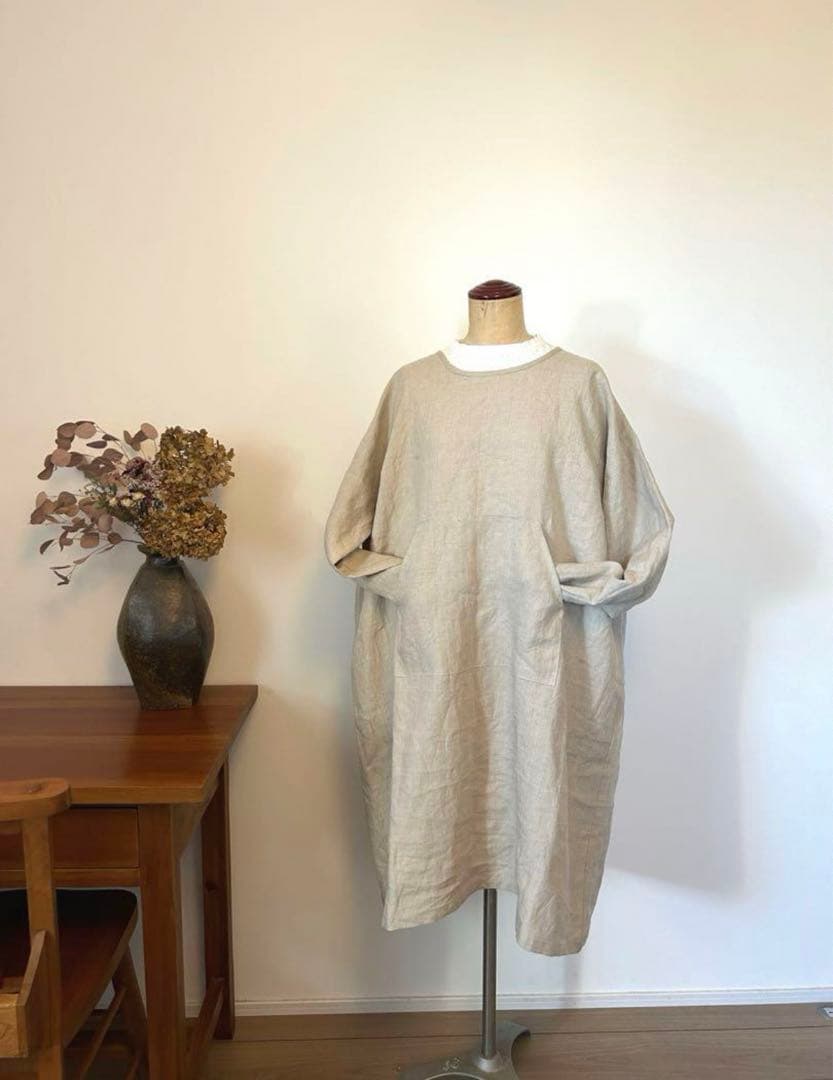 国産リネン生地　チュニック割烹着　キナリ　服作り40年の田舎町仕立屋