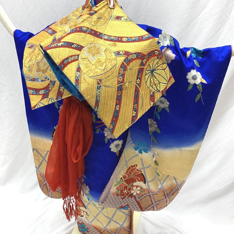 507ag52□七五三 七歳 女児 着物&袋帯 金彩 花 蝶 青□状態良好