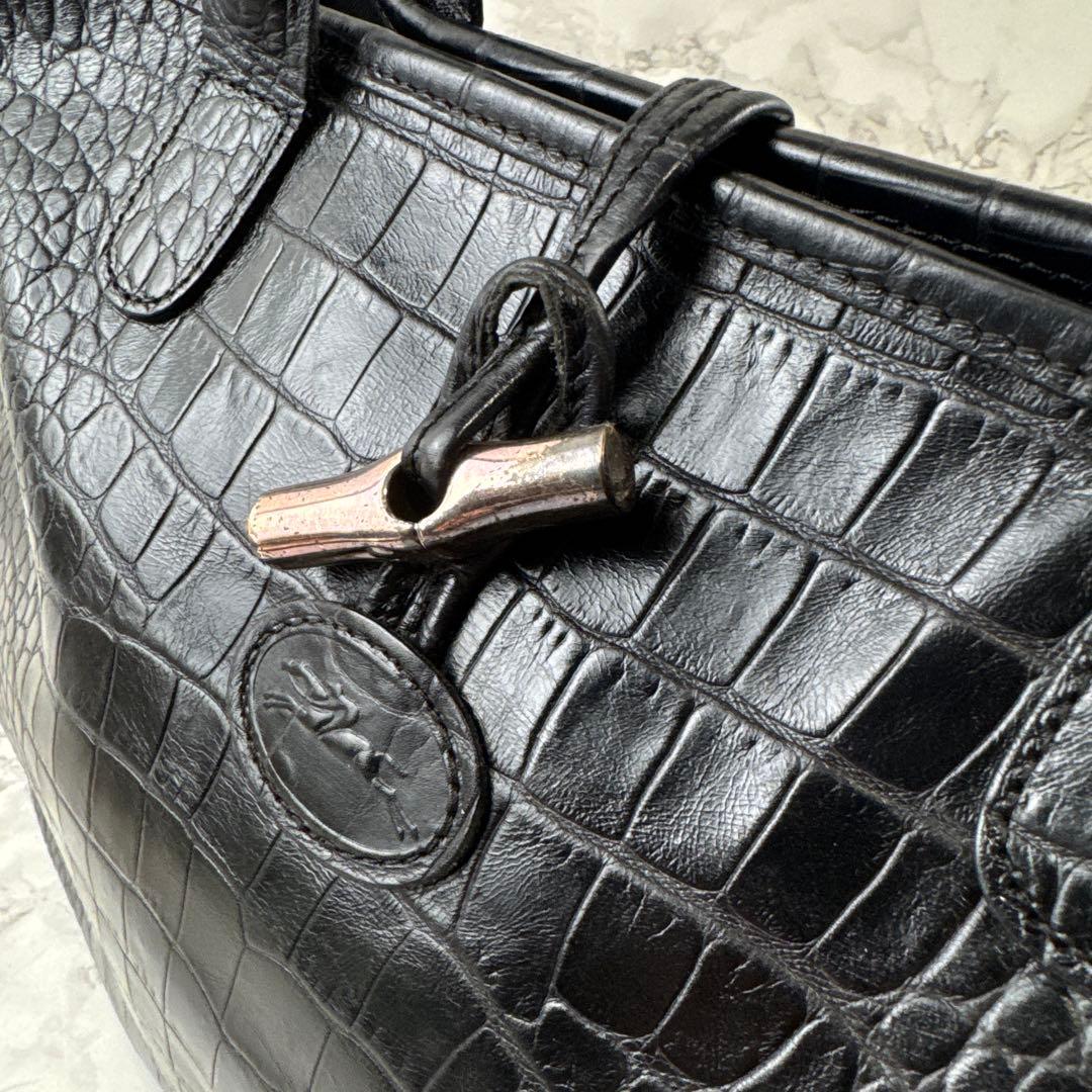 LONGCHAMP ロンシャン 本革 クロコ型押しレザートートバッグ 黒ブラック