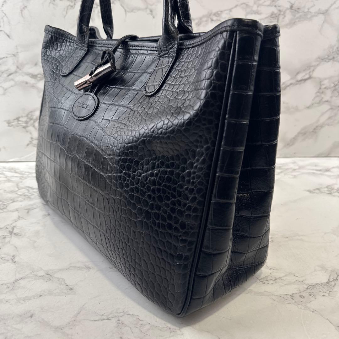 LONGCHAMP ロンシャン 本革 クロコ型押しレザートートバッグ 黒ブラック
