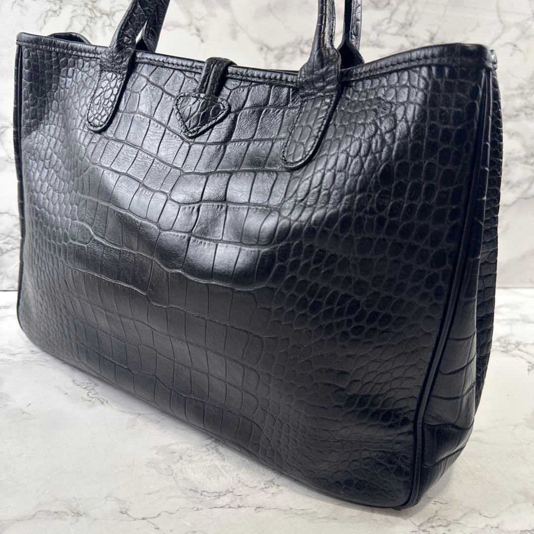 LONGCHAMP ロンシャン 本革 クロコ型押しレザートートバッグ 黒ブラック