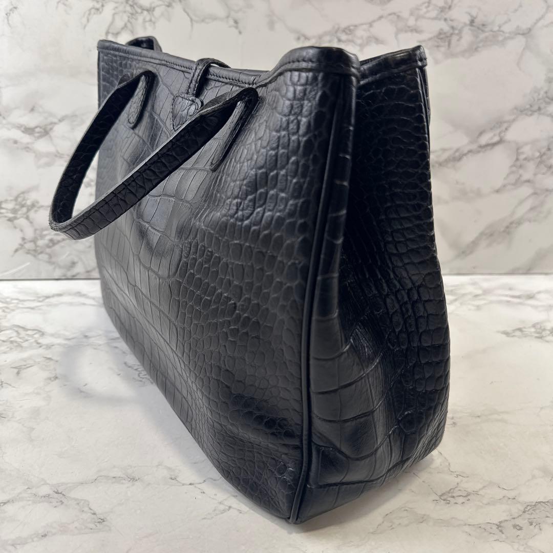 LONGCHAMP ロンシャン 本革 クロコ型押しレザートートバッグ 黒ブラック