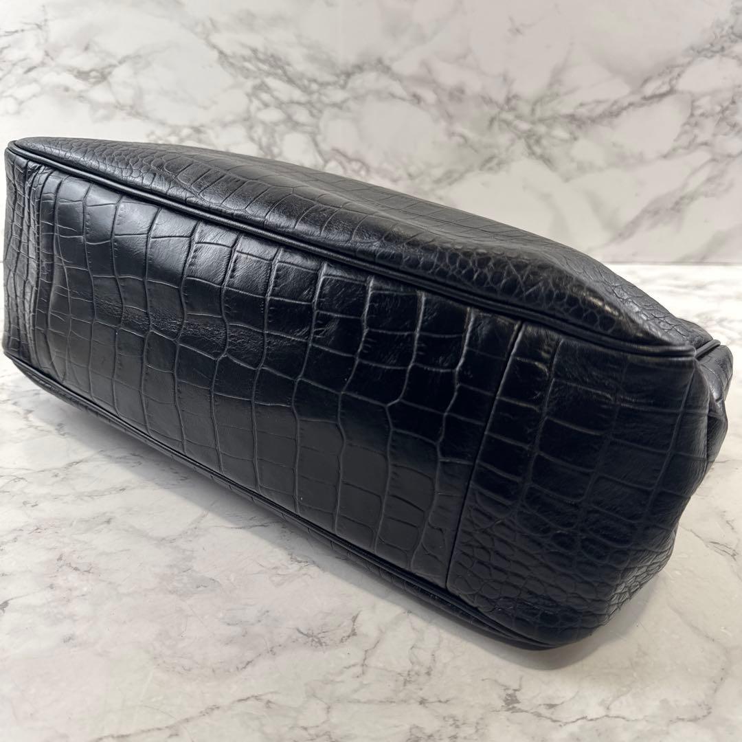 LONGCHAMP ロンシャン 本革 クロコ型押しレザートートバッグ 黒ブラック