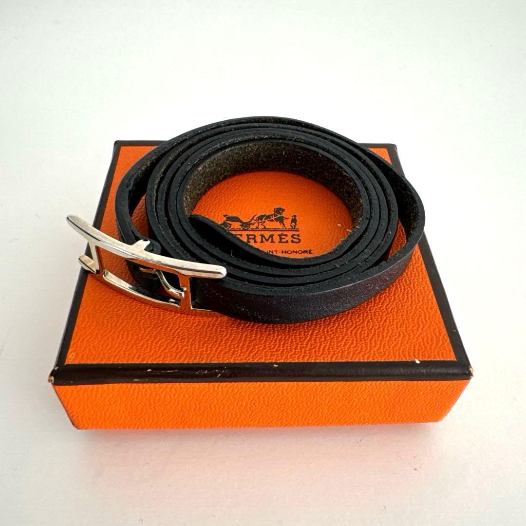 エルメス HERMES アピ3 レザー シルバー 黒 ロング ブレスレット