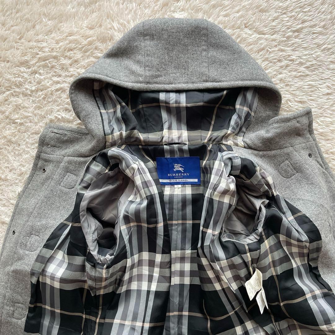 バーバリーブルーレーベル ダッフルコート ノバチェック フード アンゴラ混 38