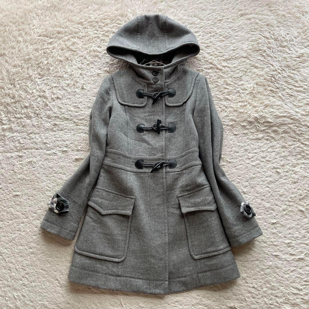 バーバリーブルーレーベル ダッフルコート ノバチェック フード アンゴラ混 38