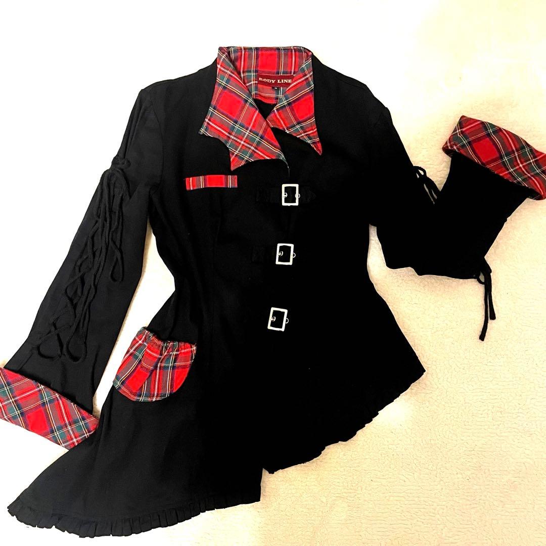 BODY LINE 赤チェック柄 アシメ ジャケット コート