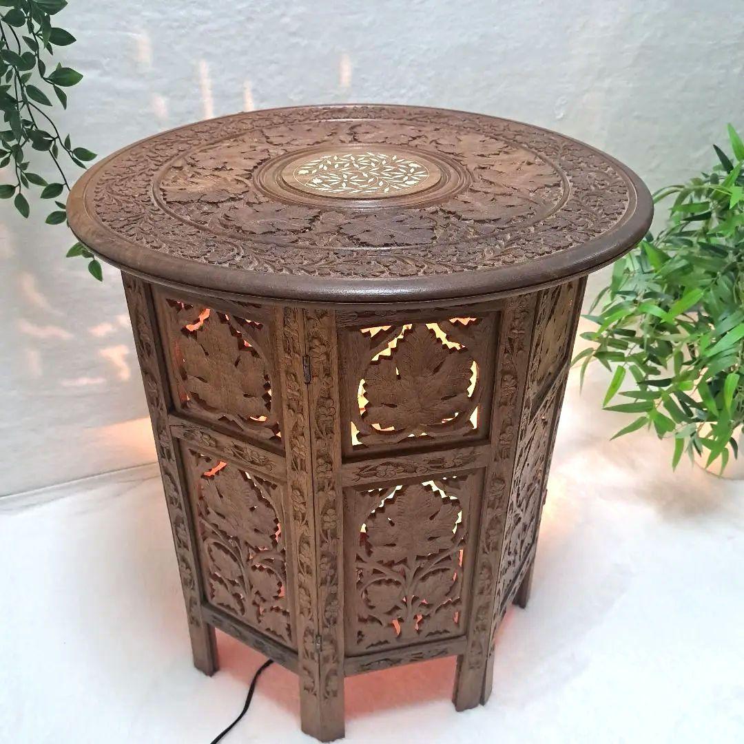 手彫り 木製 サイドテーブル 花台 八角形
