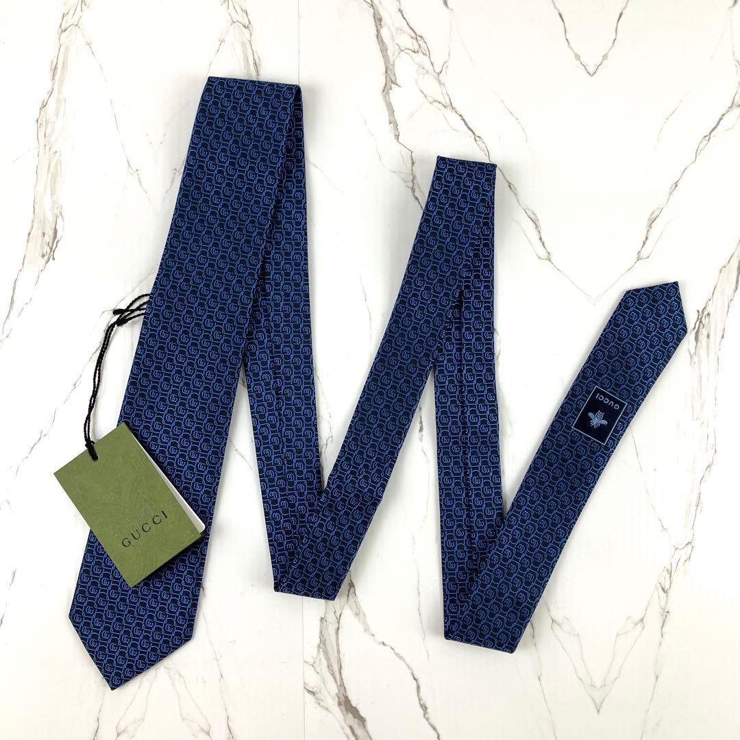 未使用　現行　グッチ　ネクタイ　ダブルG総柄　マーモント　ジャガード　ネイビー
