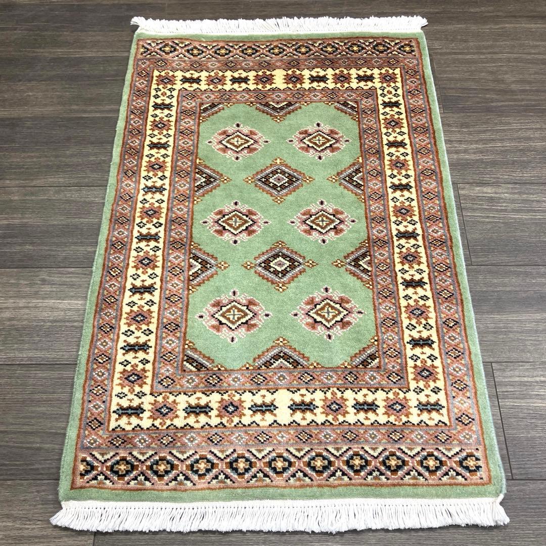 99x65cmパキスタン手織り絨毯ライトグリーンの色合い玄関マット