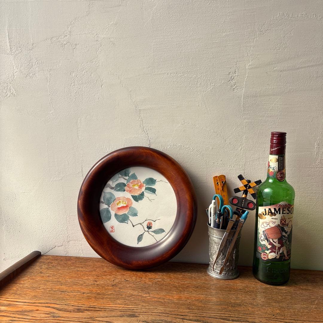 木製 無垢材 くり抜き 削りだし 丸窓 フォトフレーム 円形額縁 ヴィンテージ