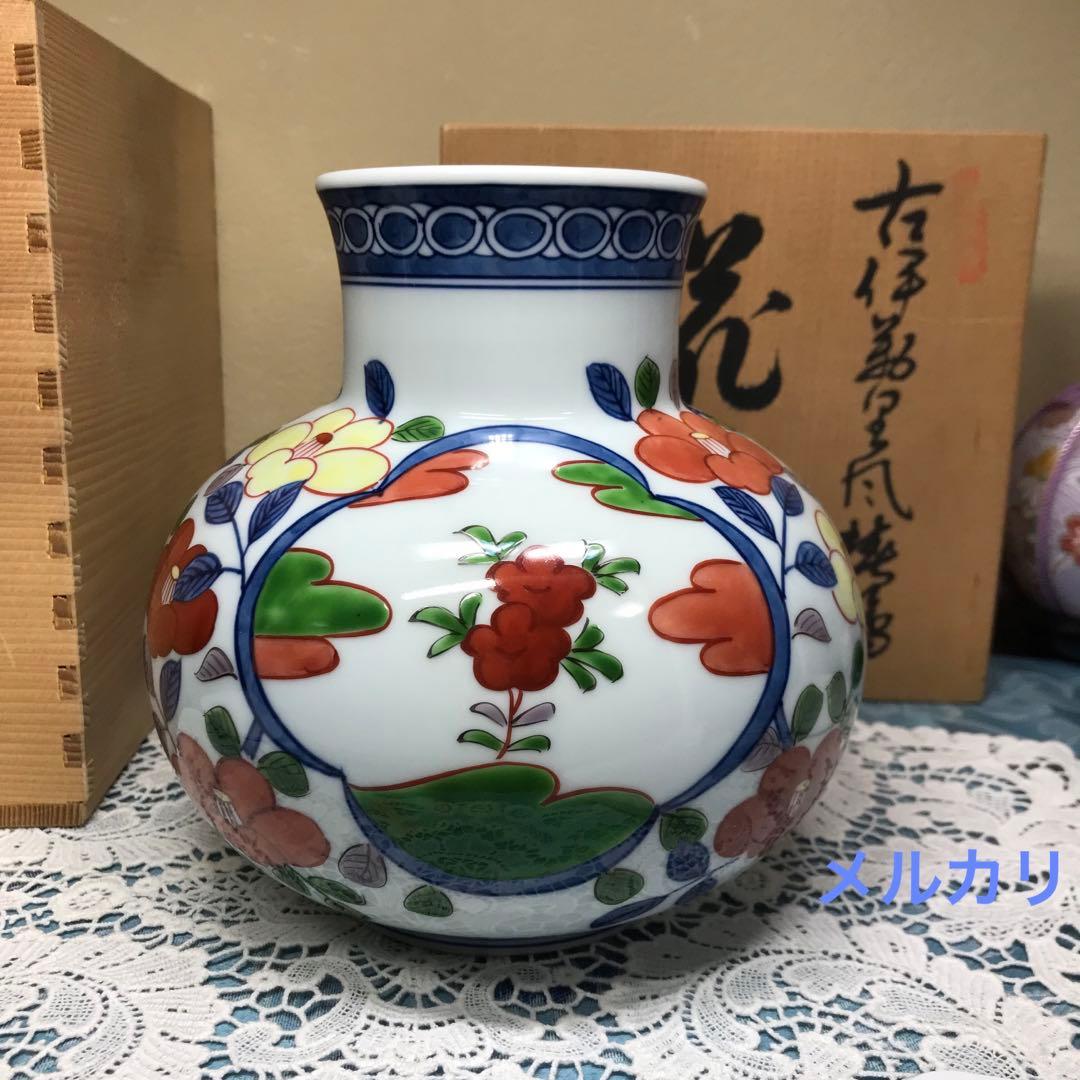 源右衛門窯　古伊万里風椿絵　花瓶　木箱入　美品