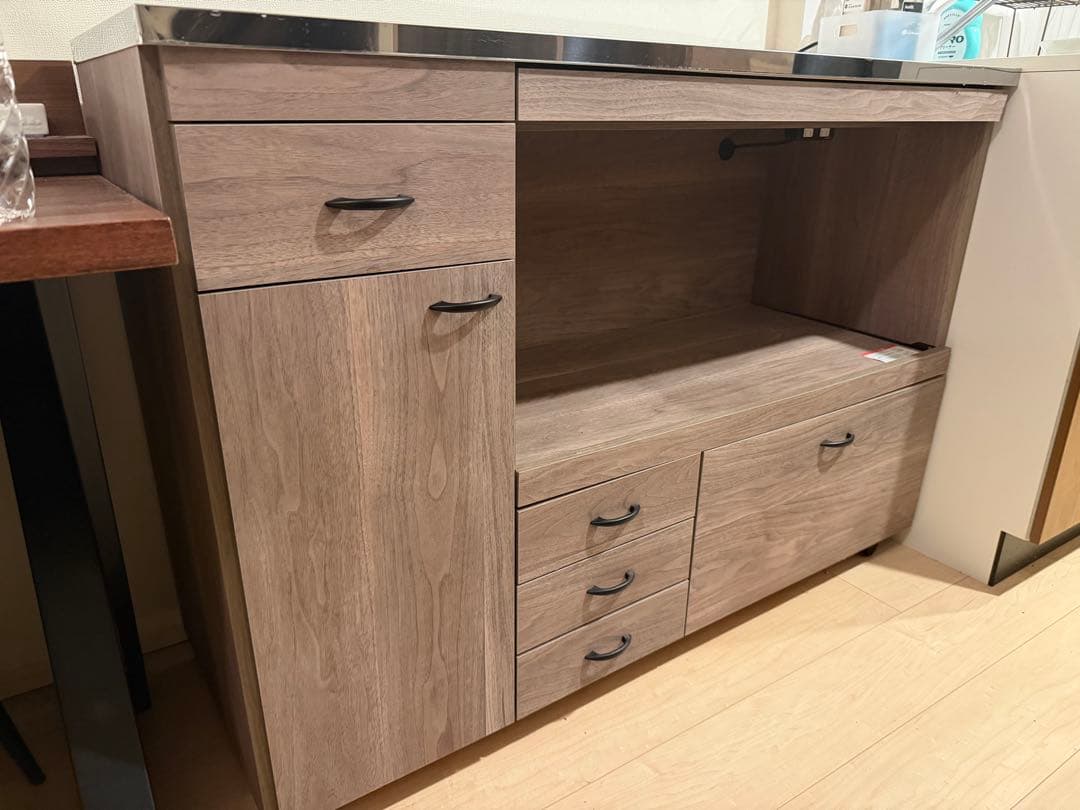 木製キッチンカウンター 収納付き　ステンレス台