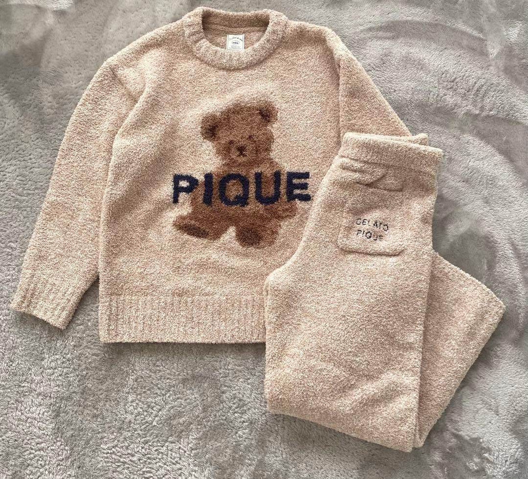 ジェラートピケ　パウダーメランジベアジャガードプルオーバー&ロングパンツセット