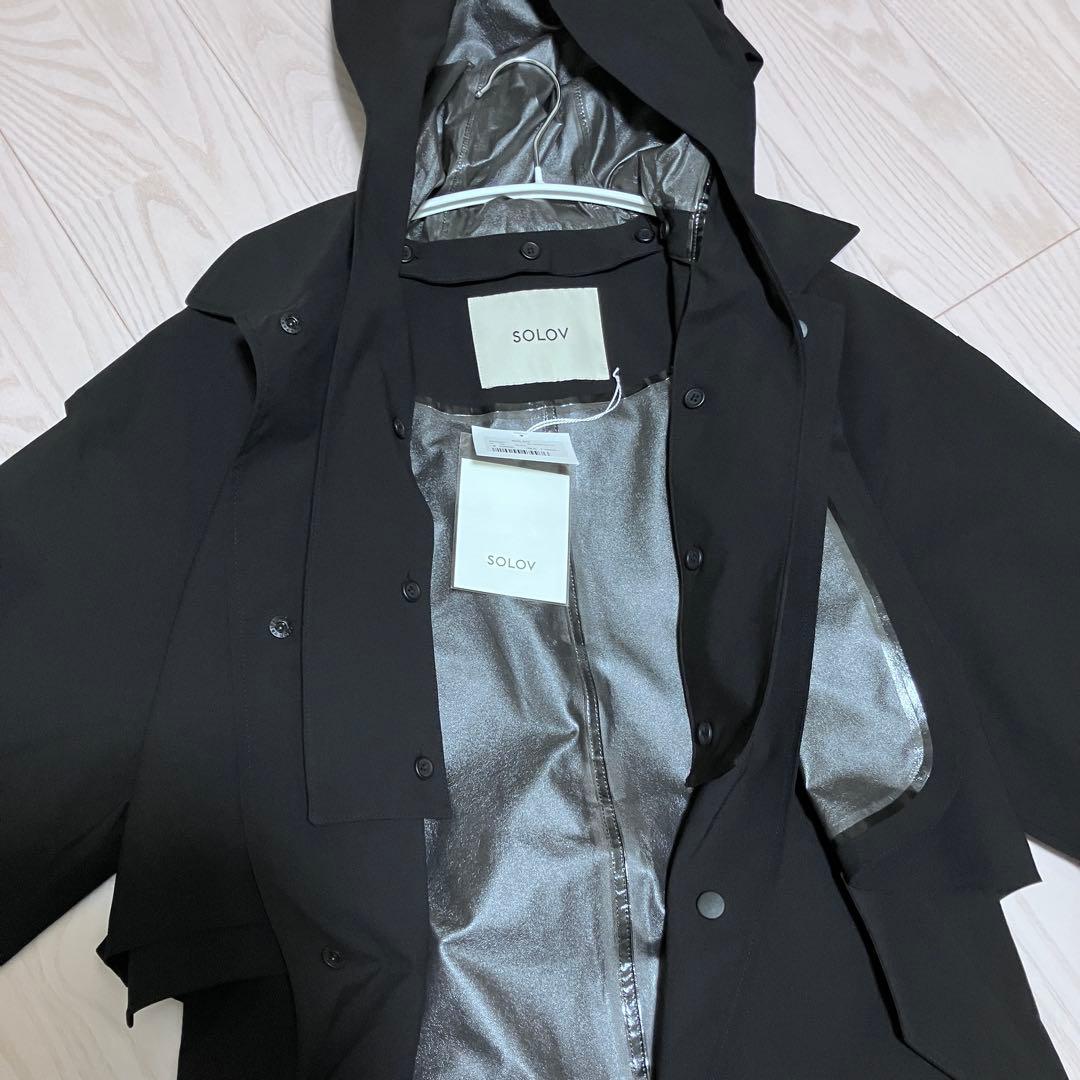 【タグ付】SOLOV トレンチコート　レインコート 黒　フーディ　ベルト　1