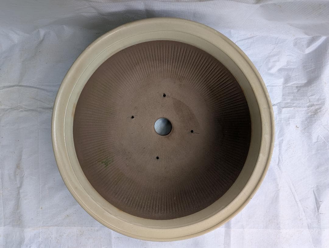 大型 盆栽鉢 丸鉢 外径49cm 高さ19cm 無刻印 白系 ヒビあり 現状品