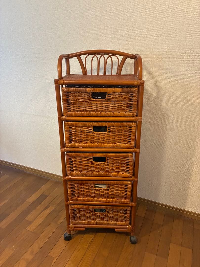 レトロ　ラタンチェスト　5段　キャスター付き