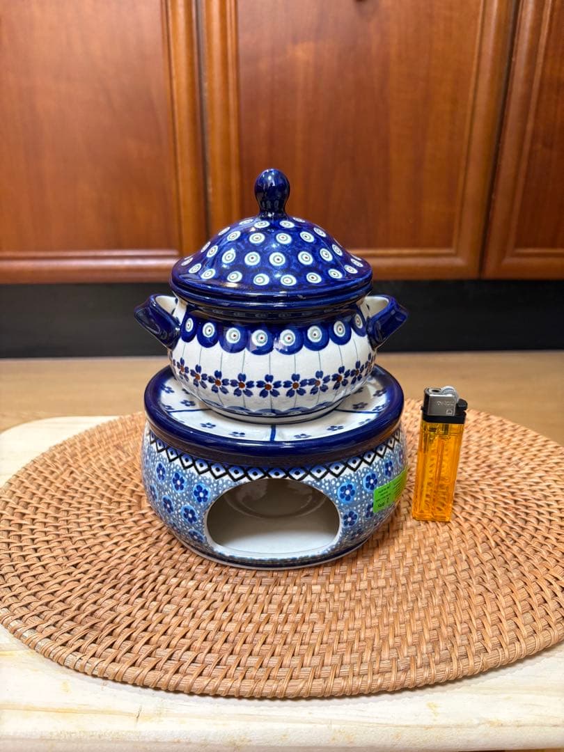 新品　ポーリッシュポタリー　ツェラミカ製　ザクワディ社製　チーズホンデュ　二重鍋