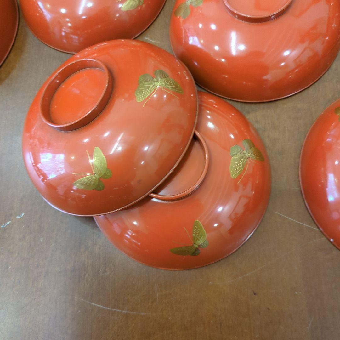 骨董　お椀　木製漆器　蒔絵　図変わり　花尽くし　蓋付き　6客