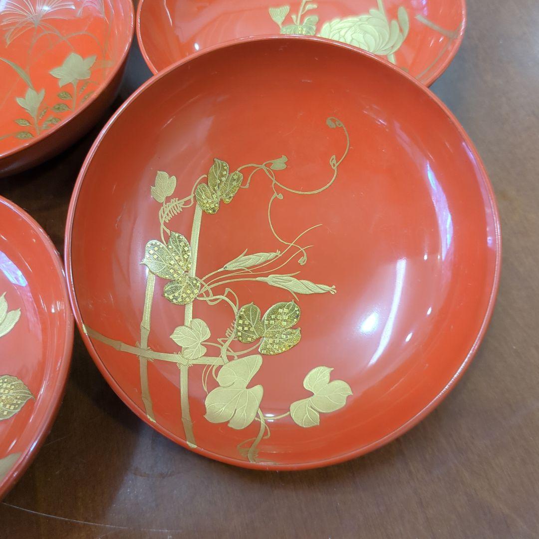 骨董　お椀　木製漆器　蒔絵　図変わり　花尽くし　蓋付き　6客