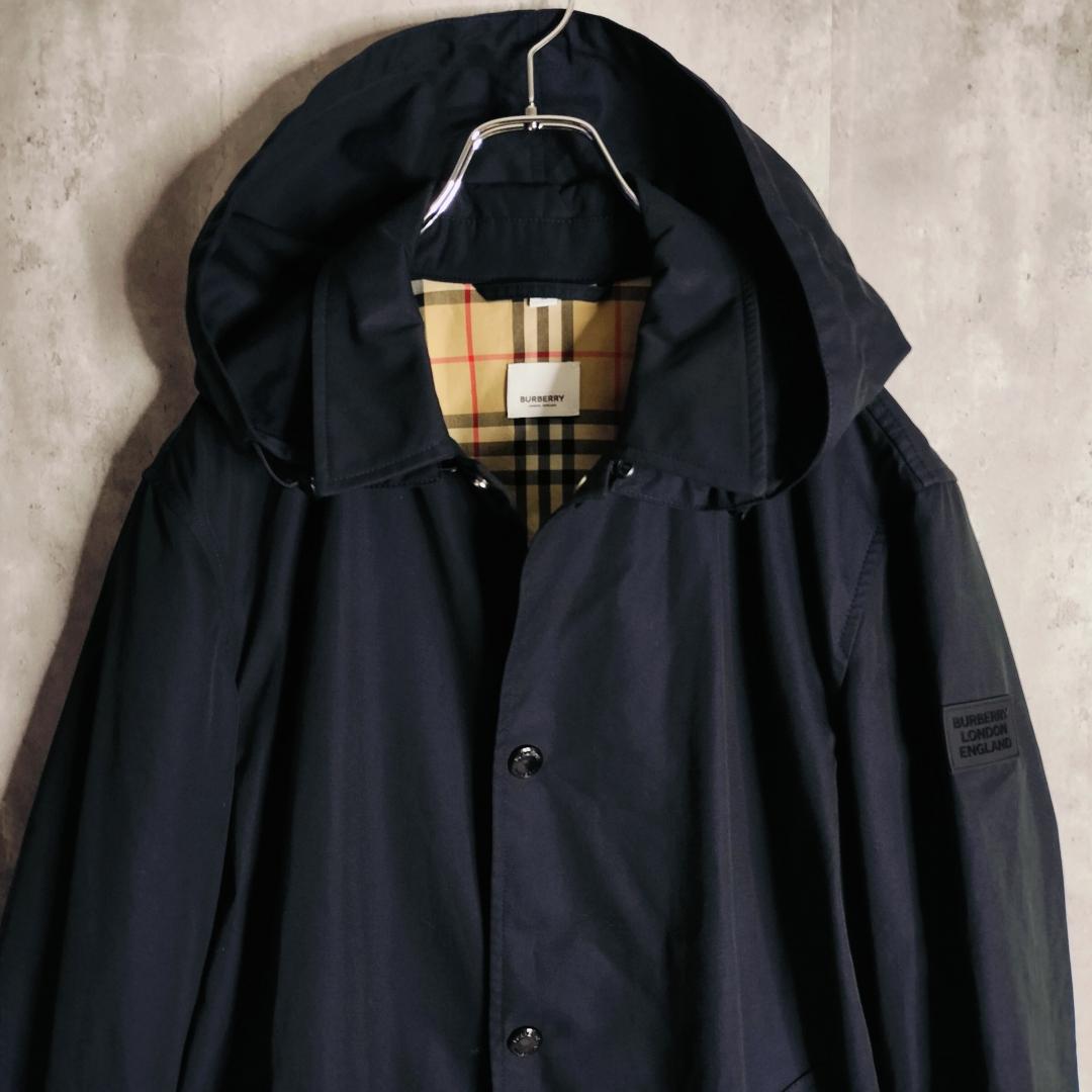 【現行・美品】バーバリー ラバーロゴ付 裏地ノバチェック フード付 コート 50