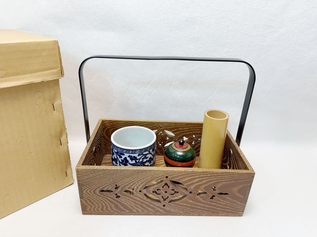 未使用 茶道具 桑 手持ち 煙草盆 4点セット 火入 灰吹 煙草入 元箱