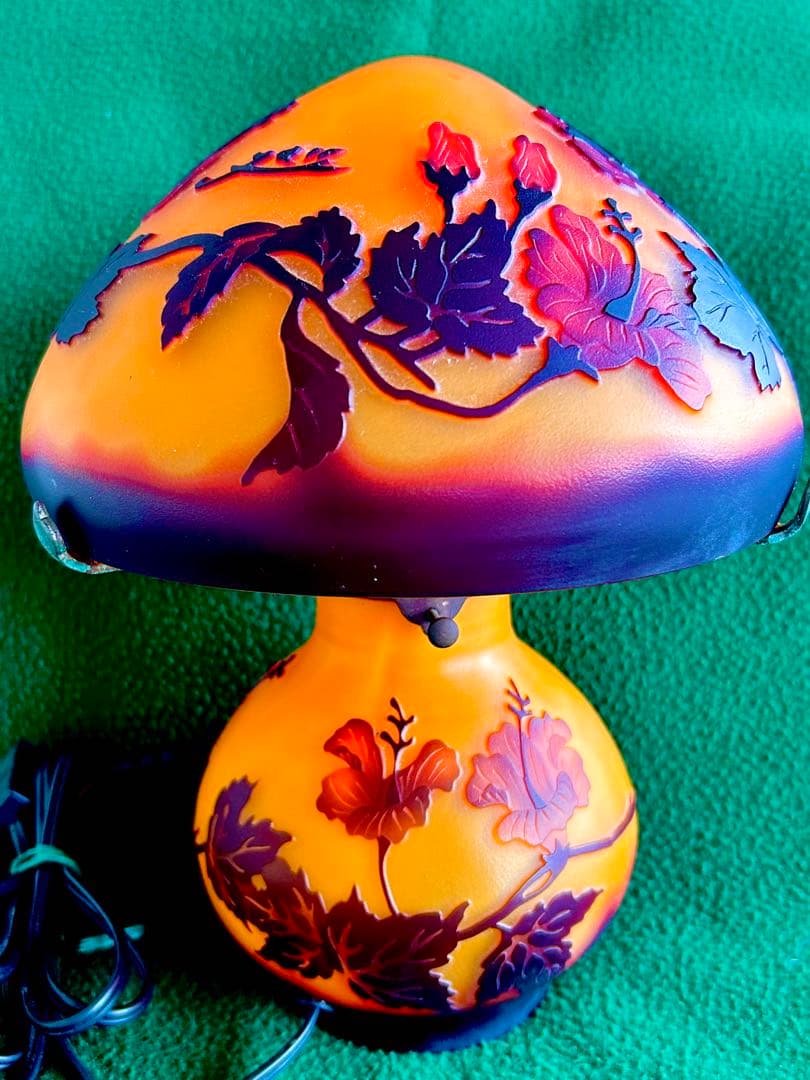 【美品】アール・ヌーヴォーガレ風キノコ型ハイビスカス柄テーブルランプ