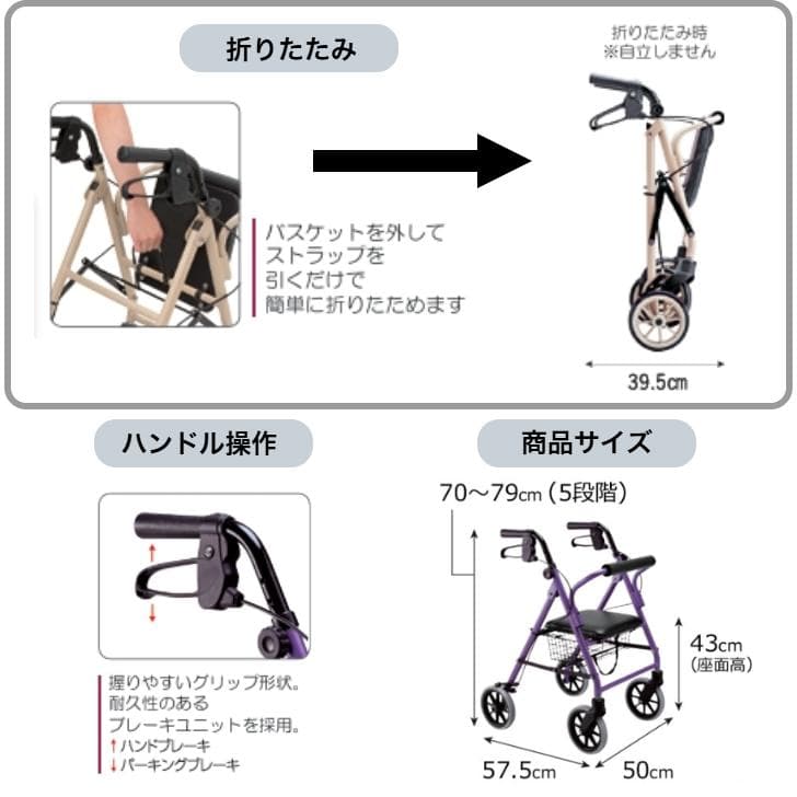 歩行車ハッピーミニ　人気機種　中古再生品　コンパクト　折りたたみ　高さ調整　座面