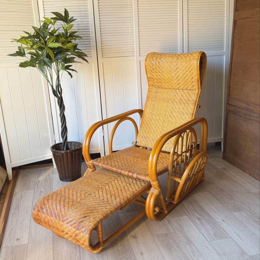 ラタンリクライニングチェア オットマン付き 籐家具 1人掛けソファー