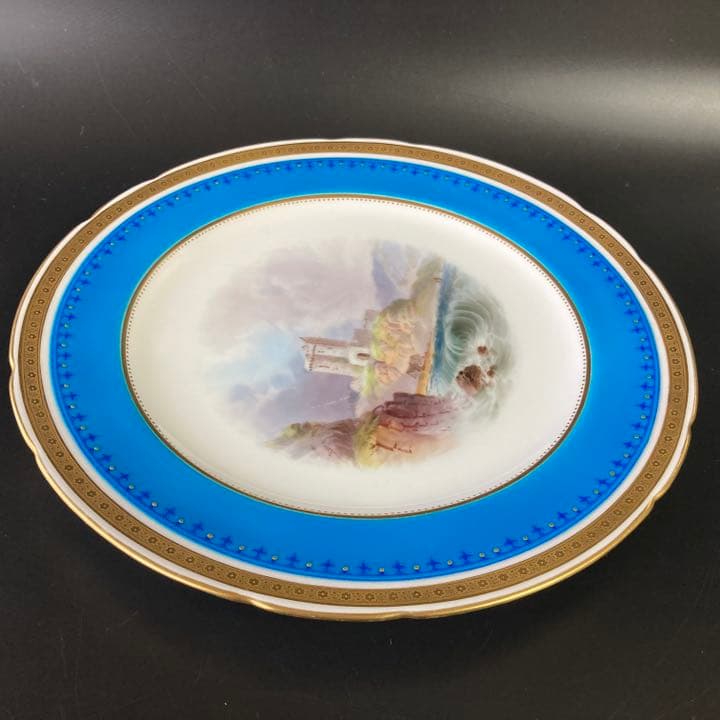ミントン　ターコイズブルー　古城風景絵図飾皿　エナメル七宝金彩 プレート 大皿